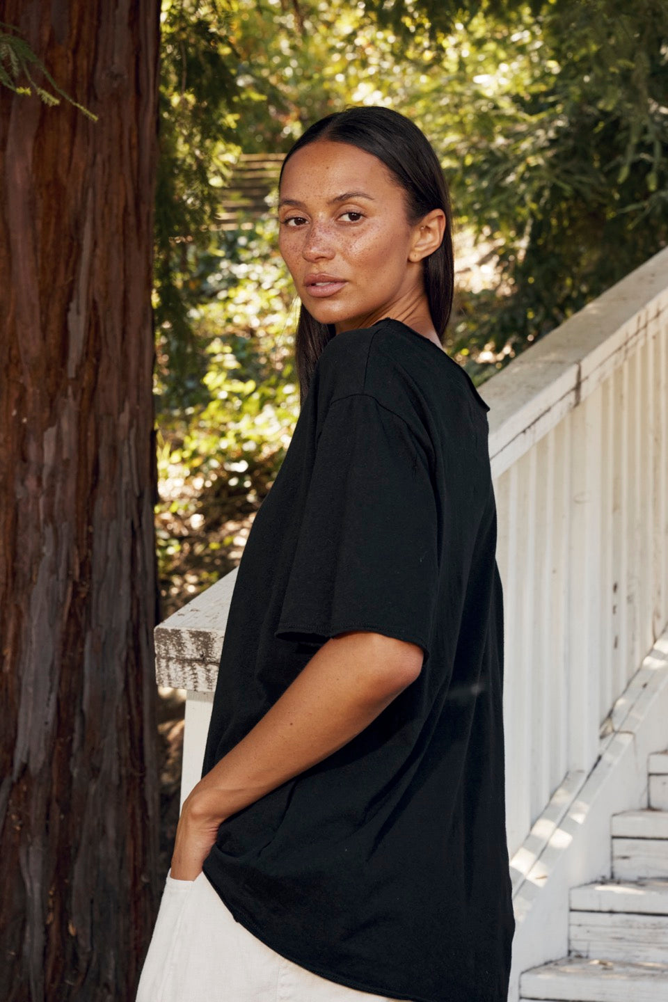 IRIS LINEN + COTTON TEE / BLACK